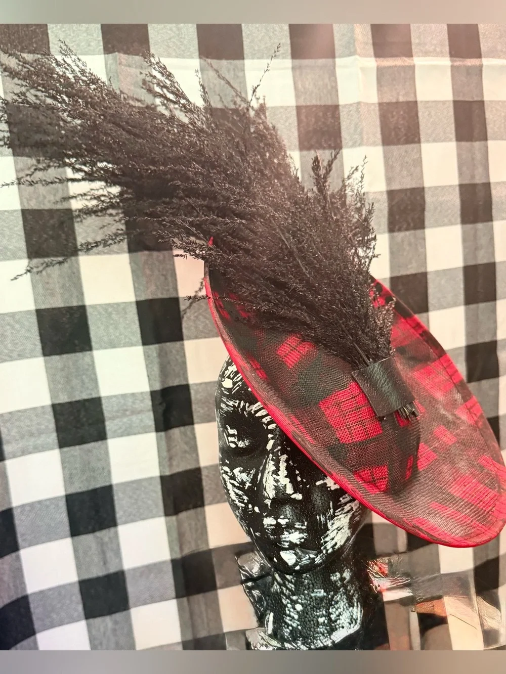Red and Black Plaid Fascinator Hat with Feather Trim